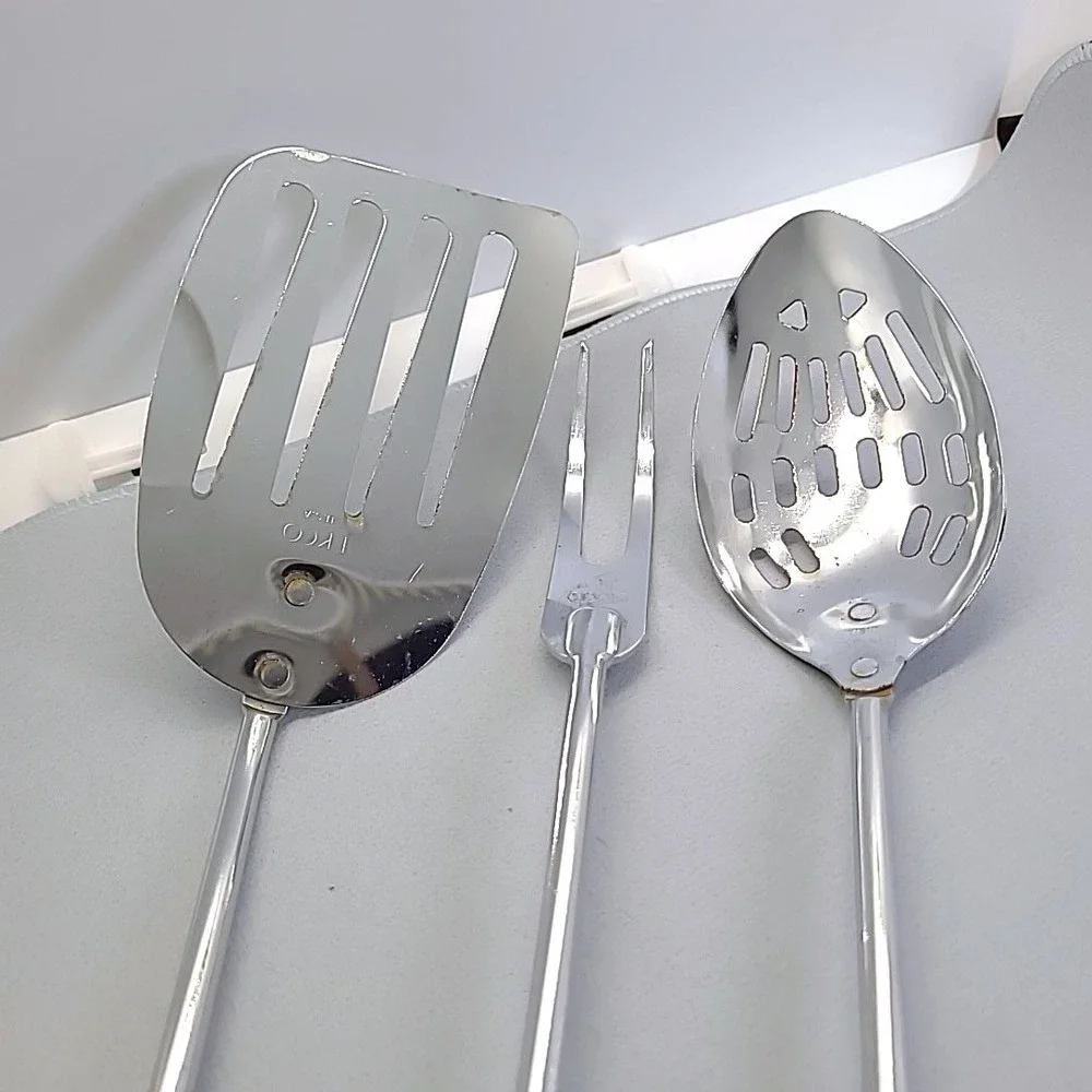 Vintage EKCO‎ Kitchen Utensil Set 3pc Cream Handle Spatula Fork Spoon USA